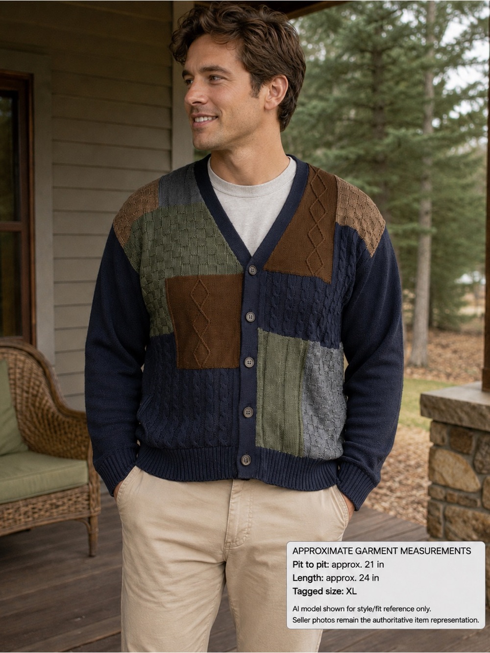 Orvis Patchwork Grandpa Cardigan Sweater XL Navy Brown
